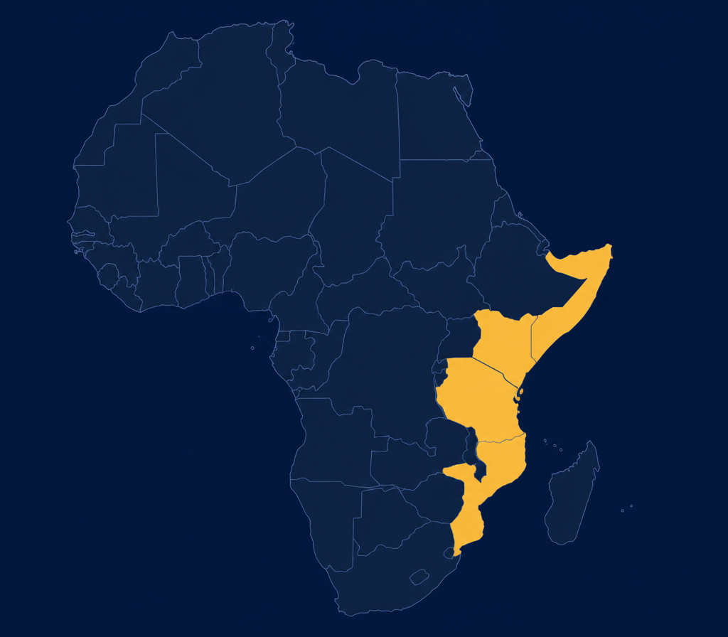 Map of Africa with Brand Drive Connect markets highlighted